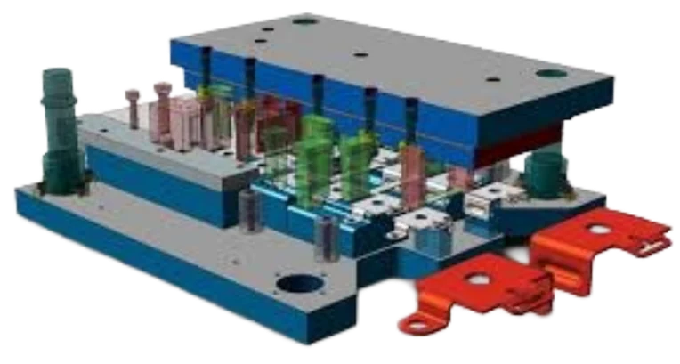 Progressive die assembly with formed red parts