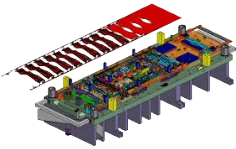 Complex progressive die base and strip layout