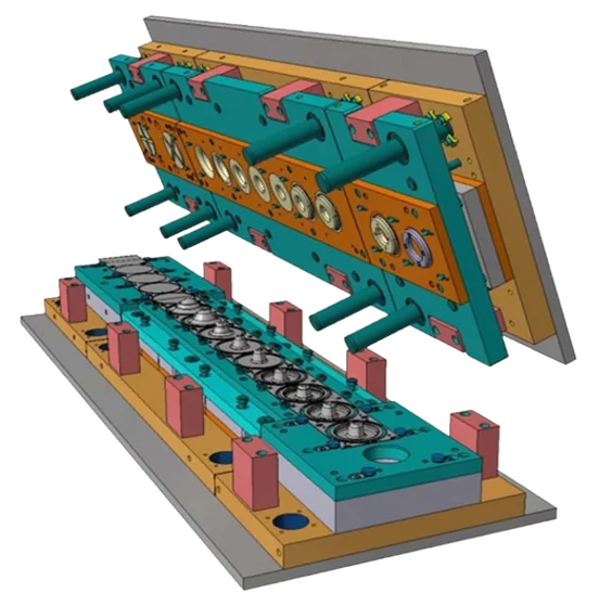 Opened die tooling model showing station sequence